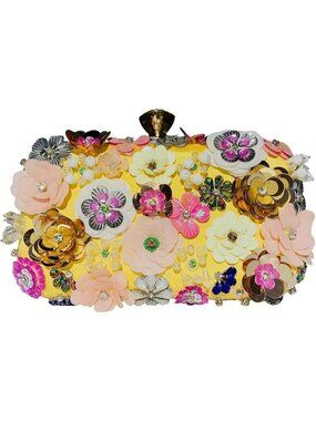 Women Yellow Clutches Top Flower Chain Strap Evening Handbag Shoulder Bag